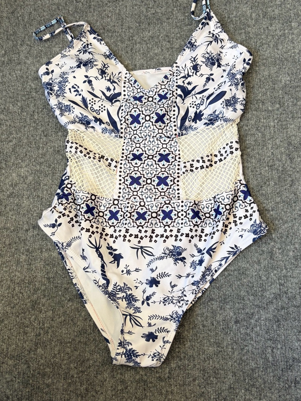 Unbranded‎ One Piece Swimsuit Womens L Blue Floral Mesh Monokini Bathing Suit